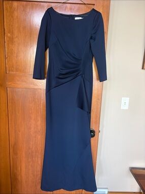 Eliza J Navy Long Sleeve Draped Sheath Gown